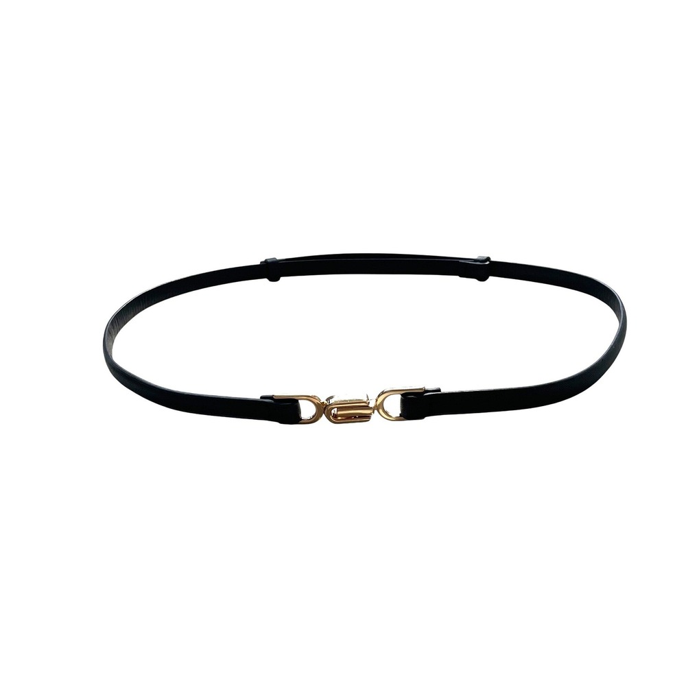 Black Saffiano Skinny Belt Gold Interlocking Clasp Adjustable Waist Belt